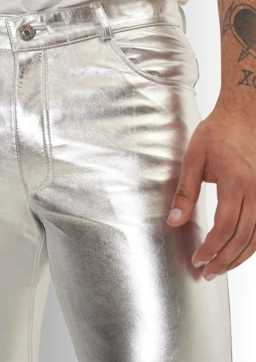 Jean En Cuir Métallisé Argent Homme Mode Tendance