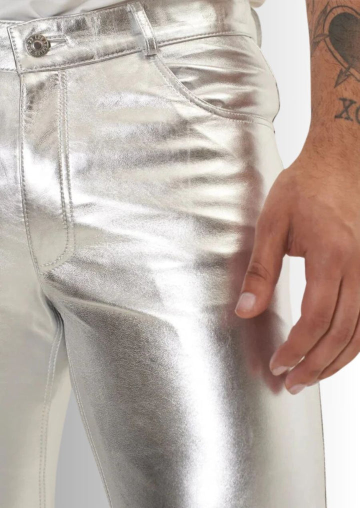 Jean En Cuir Métallisé Argent Homme Mode Tendance