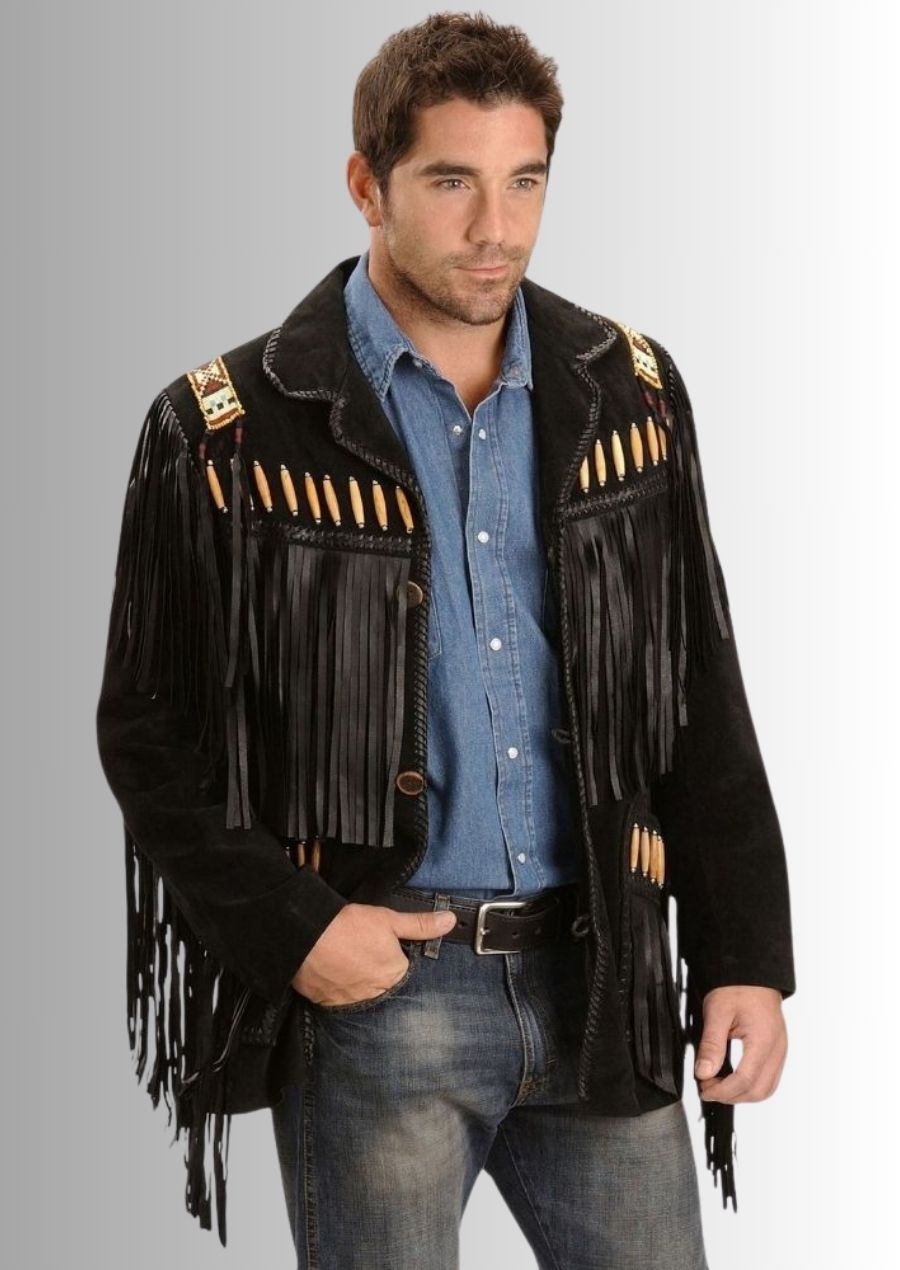 Blouson noir à franges en cuir de mouton pour homme, un choix parfait pour un look chic et western.