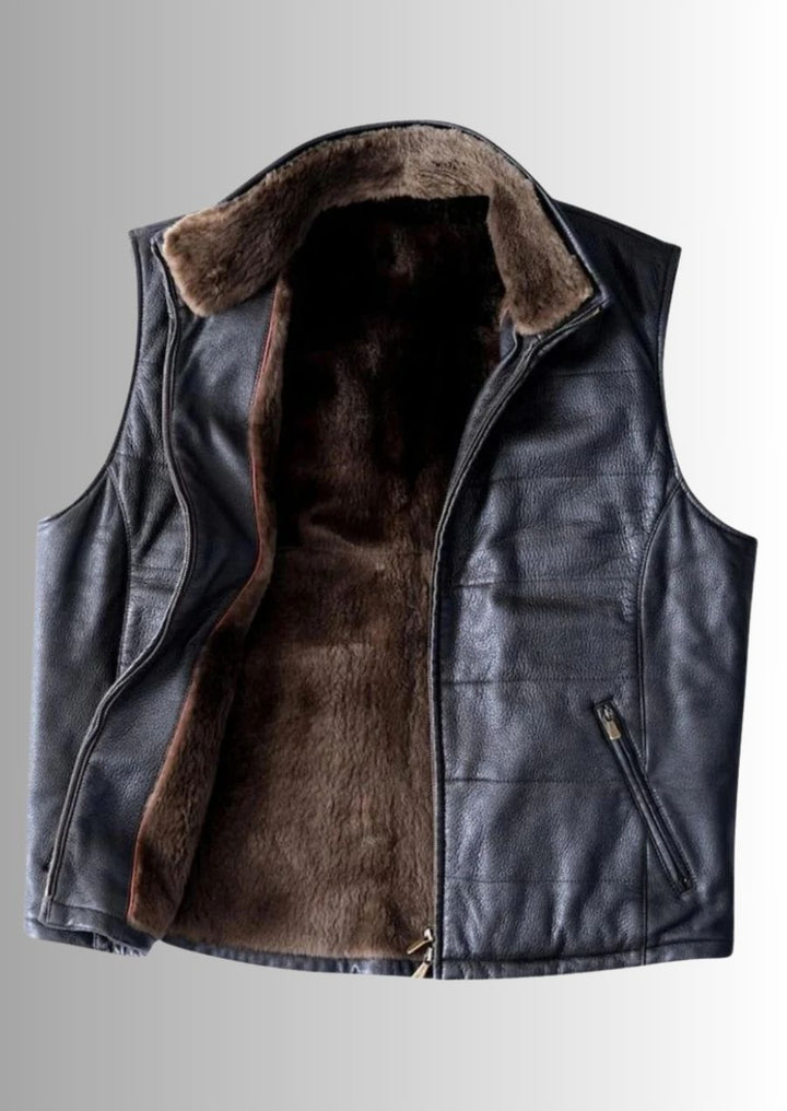 Gilet classique en cuir d'agneau noir pour homme, doublure en fourrure haut de gamme.