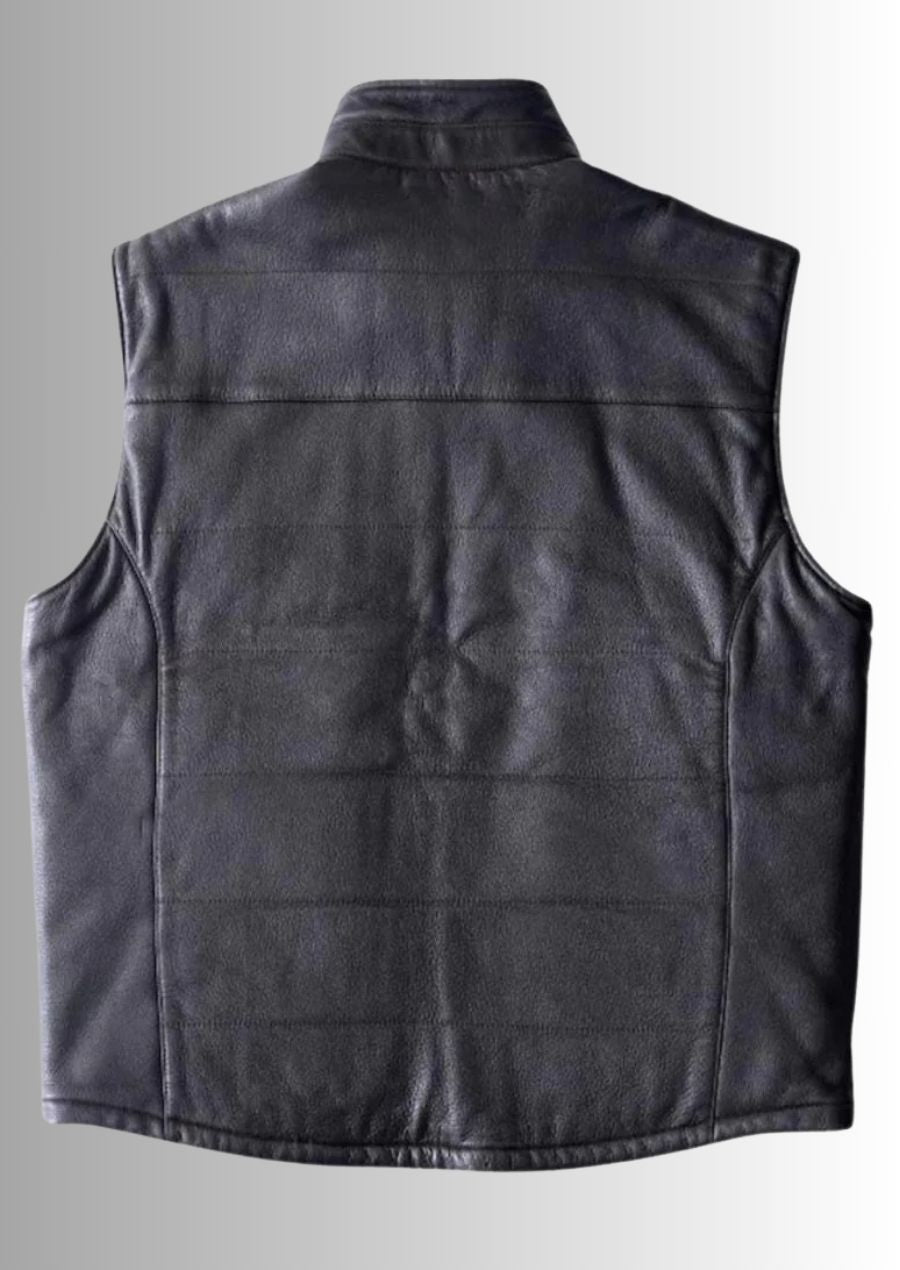 Gilet en cuir d'agneau noir pour homme, doublé de fourrure pour plus de chaleur.