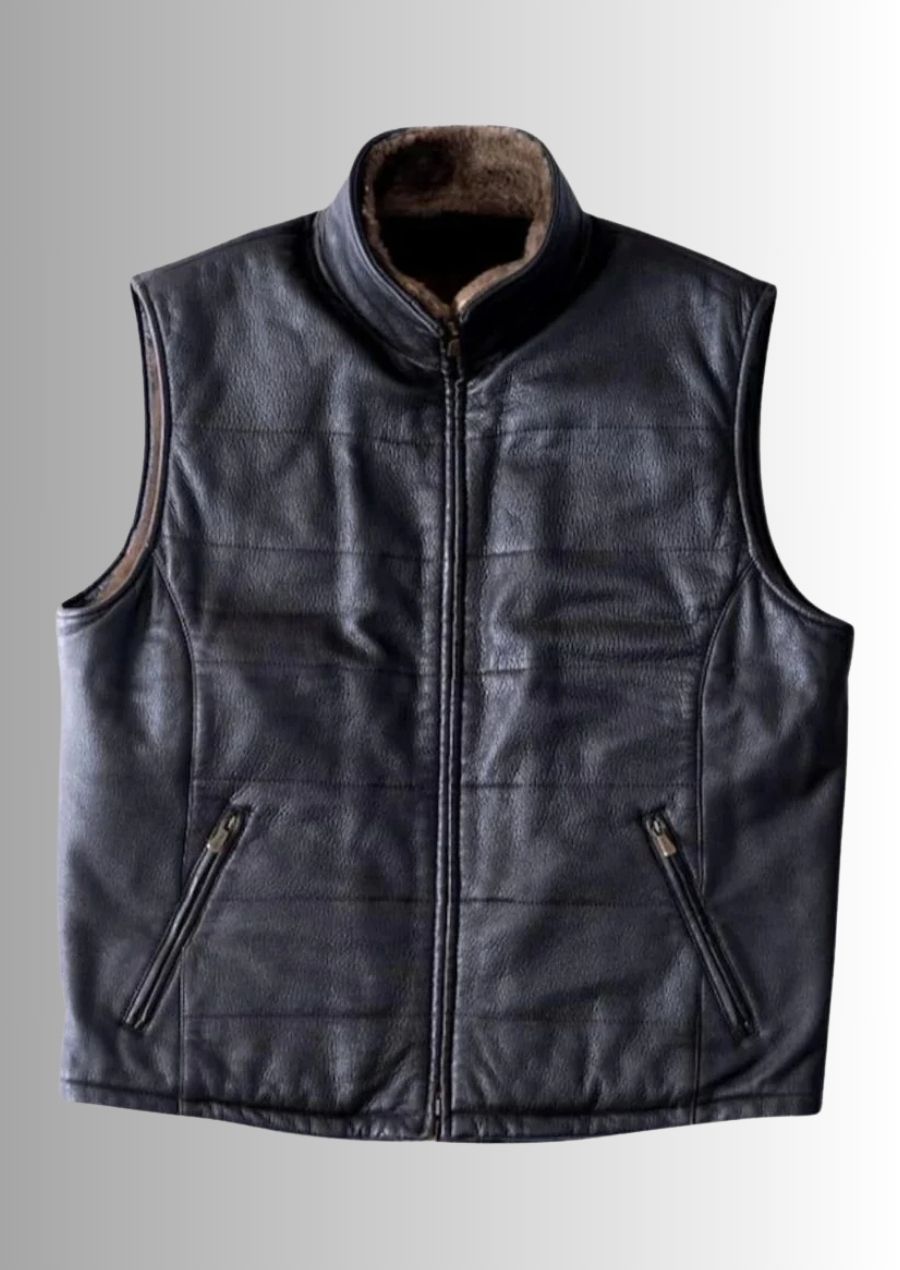 Gilet vintage en cuir d'agneau noir pour homme, intérieur chaud pour l'hiver.