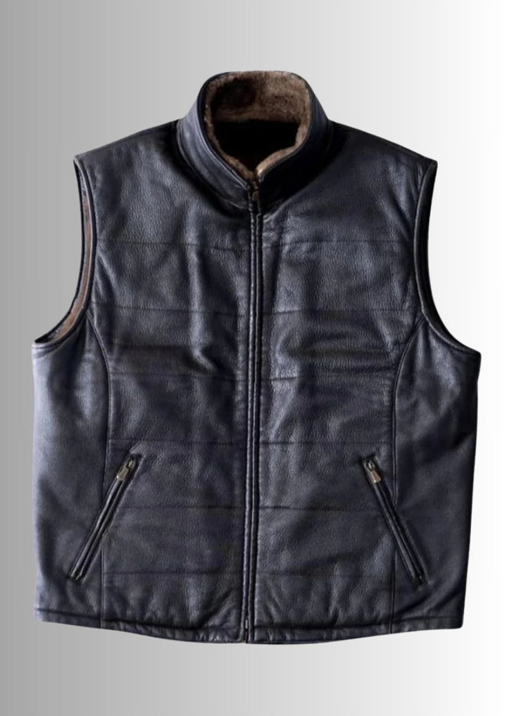 Gilet vintage en cuir d'agneau noir pour homme, intérieur chaud pour l'hiver.