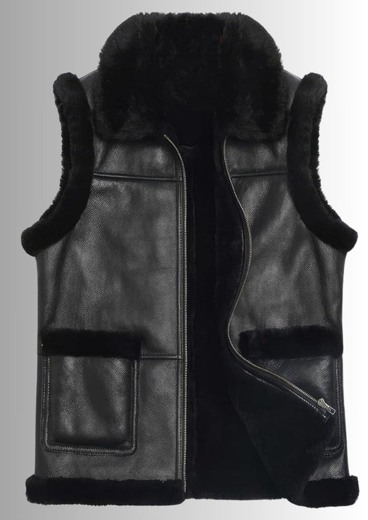 Gilet en cuir de mouton noir pour homme avec fourrure, alliant style, confort et chaleur.