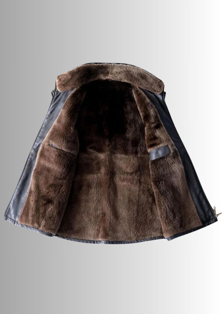 Gilet homme en cuir d'agneau noir avec doublure shearling, doux et élégant.