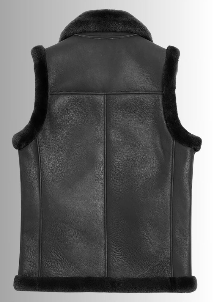 Gilet en cuir de mouton noir pour homme avec fourrure, un choix idéal pour l'hiver.