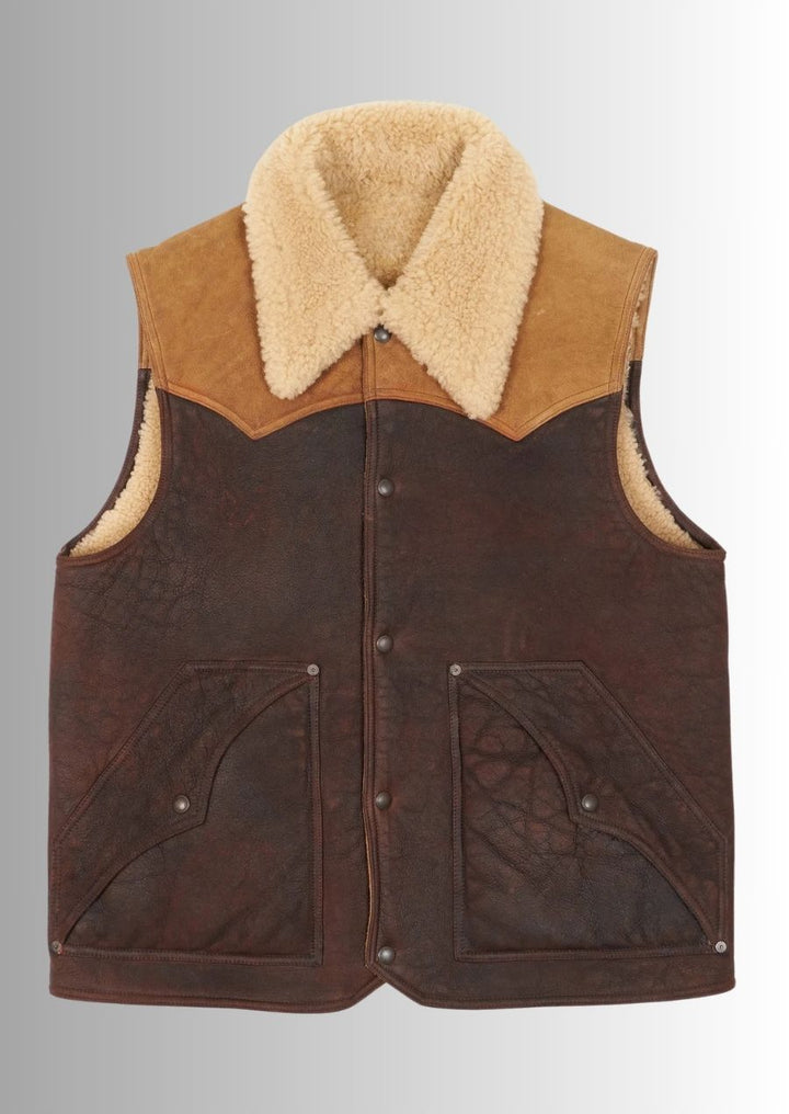 Gilet homme en cuir style western vintage, doublé de shearling, robuste et élégant.