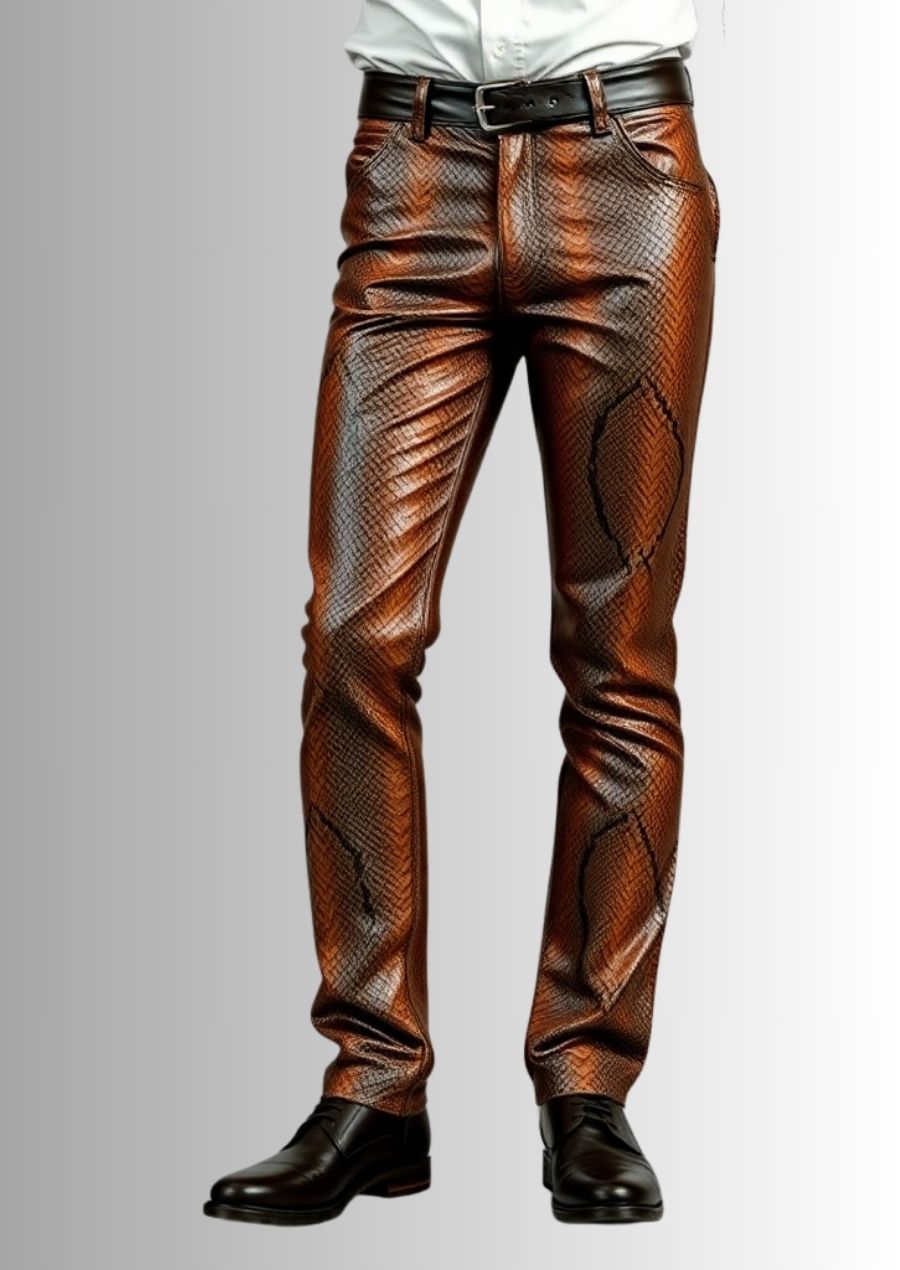 Jean en cuir imprimé python pour homme, style unique et tendance.