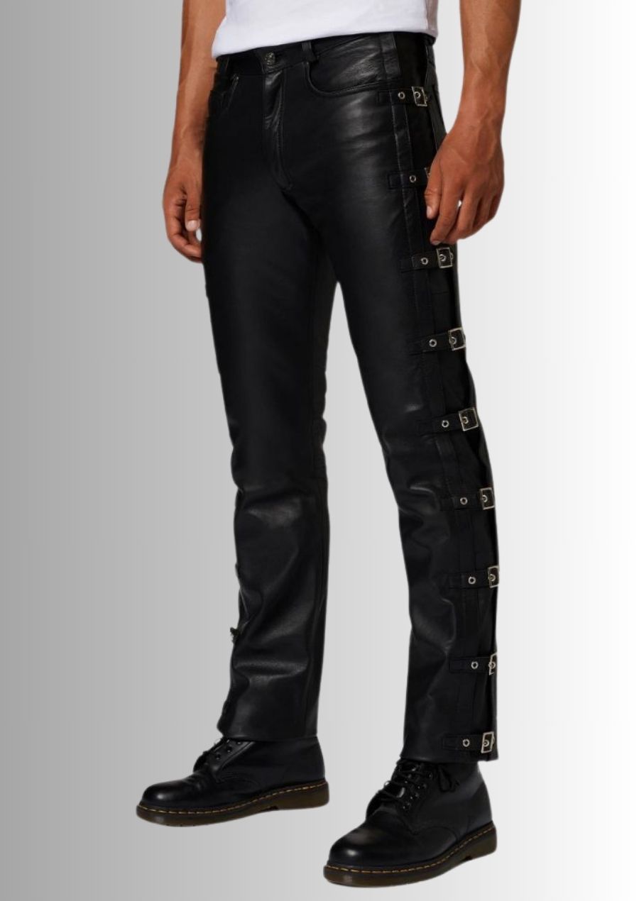 Jean en cuir noir en peau de mouton pour homme, un style unique et audacieux.