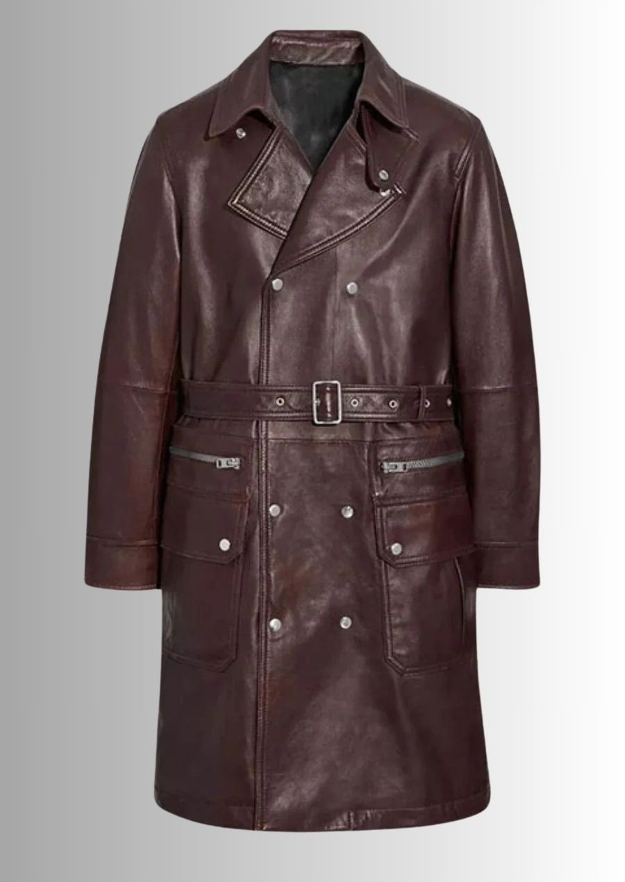 Manteau en cuir bordeaux classique pour homme, un style raffiné avec double boutonnage.