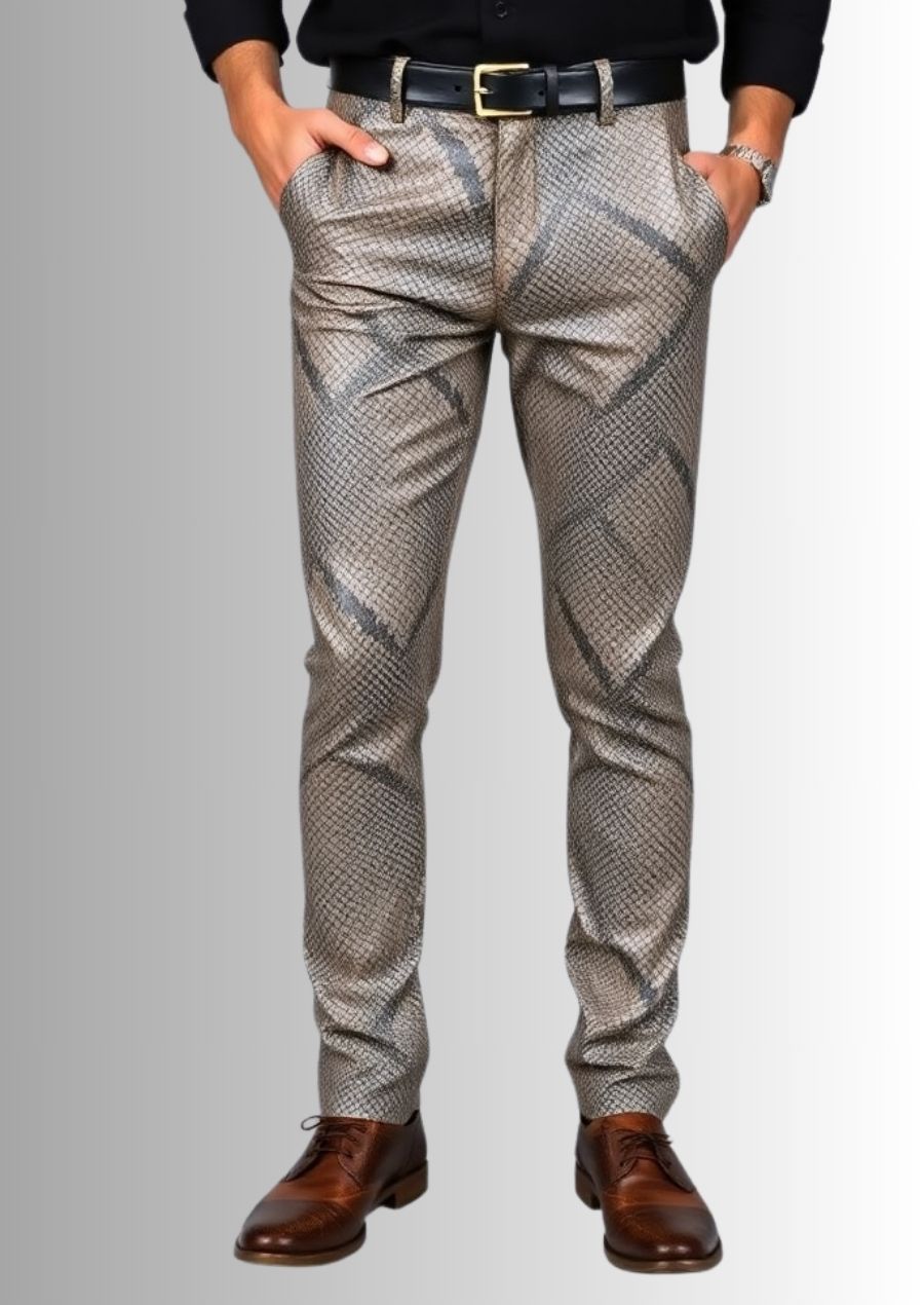 Pantalon en cuir pour homme avec motif serpent, style audacieux et moderne.