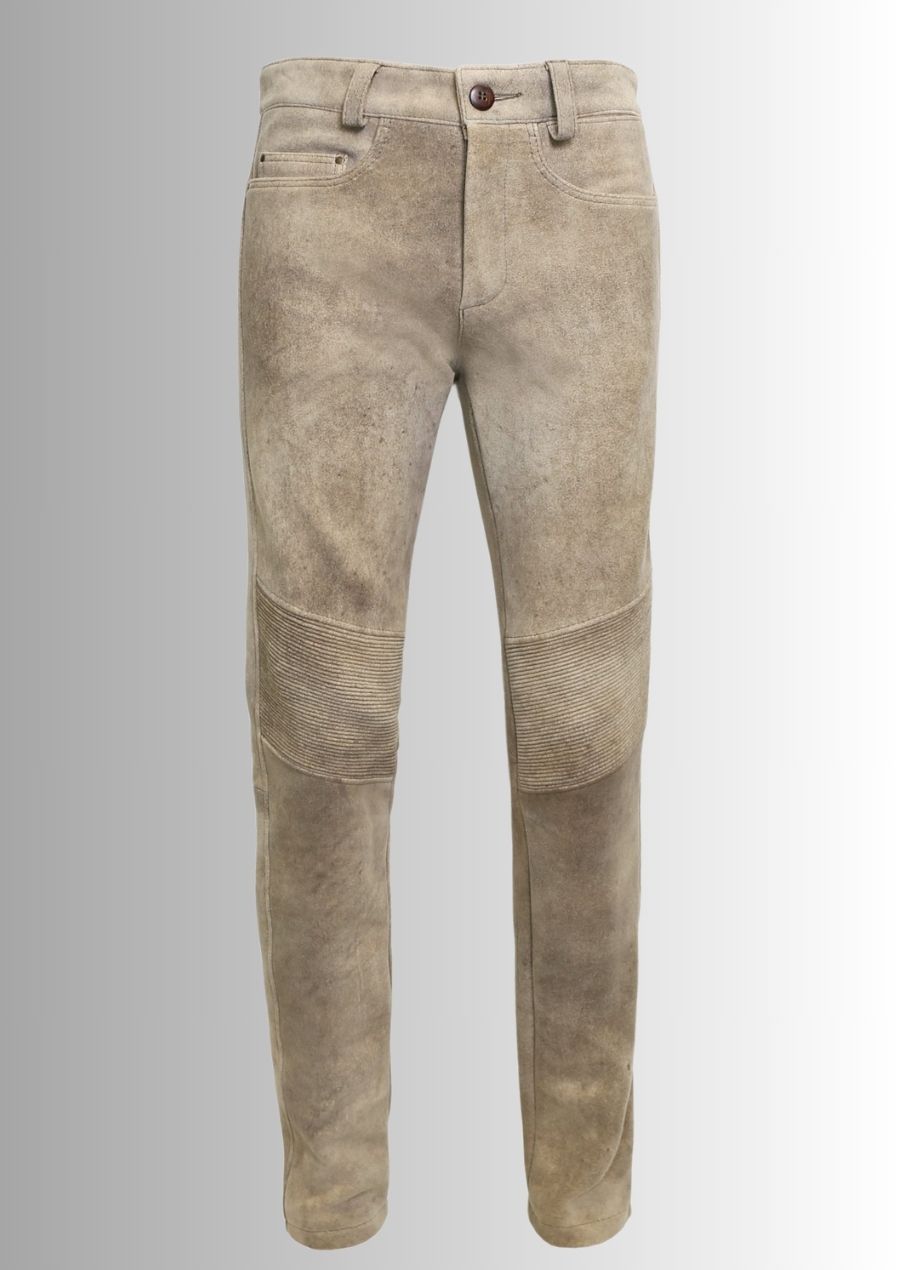 Pantalon vintage en cuir suédé marron pour homme, coupe moderne et décontractée.