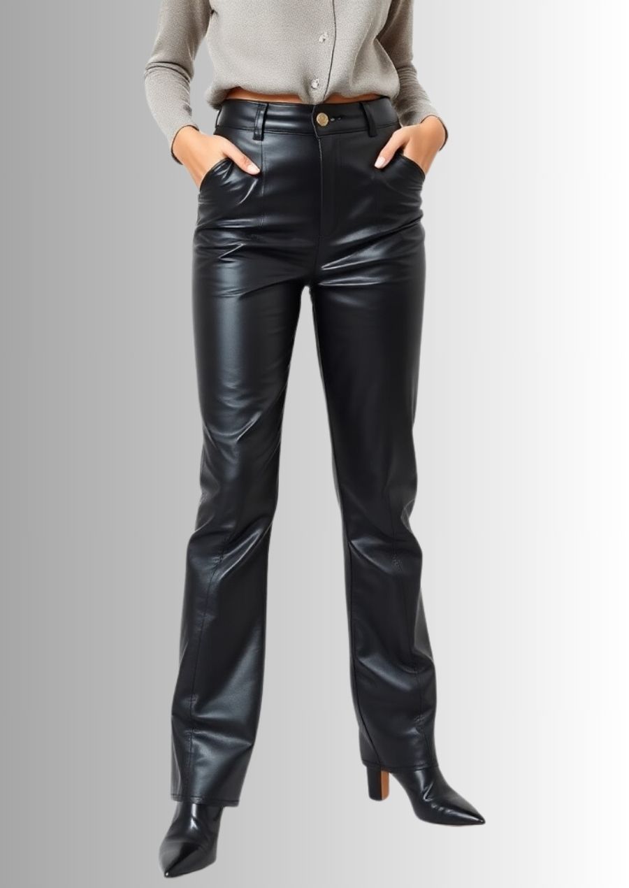 Pantalon en cuir noir pour femme, parfait pour une soirée chic et élégante.