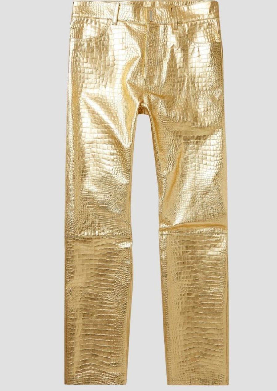 Pantalon homme en cuir métallisé or, pour un look audacieux et unique.