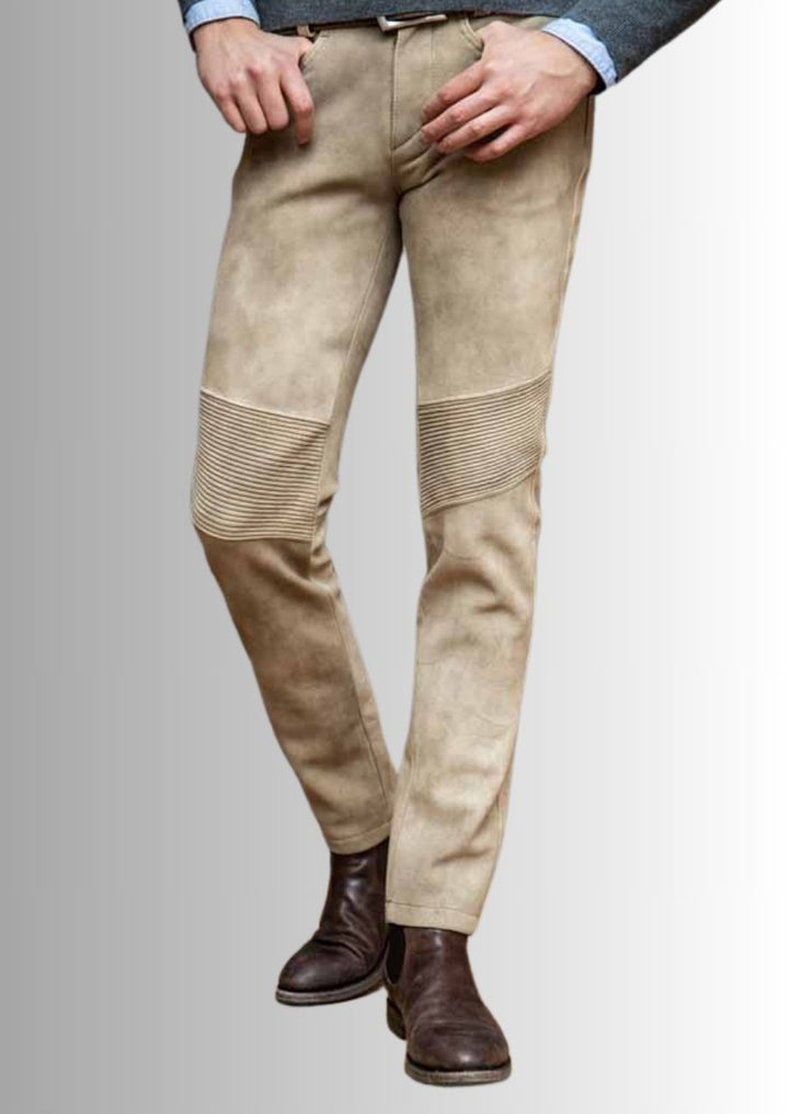 Pantalon homme en cuir suédé marron, parfait pour un look vintage rétro.