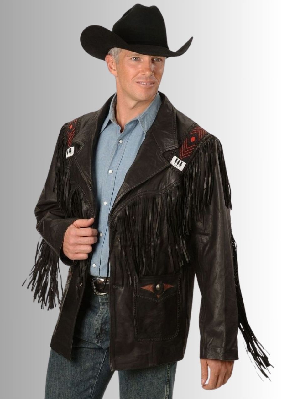 Veste en cuir d’agneau marron pour homme, inspirée du style western classique et élégant.