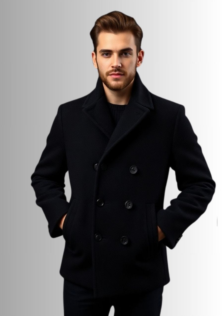 Veste noire en laine pour homme, parfaite pour les journées froides avec un style élégant et raffiné.